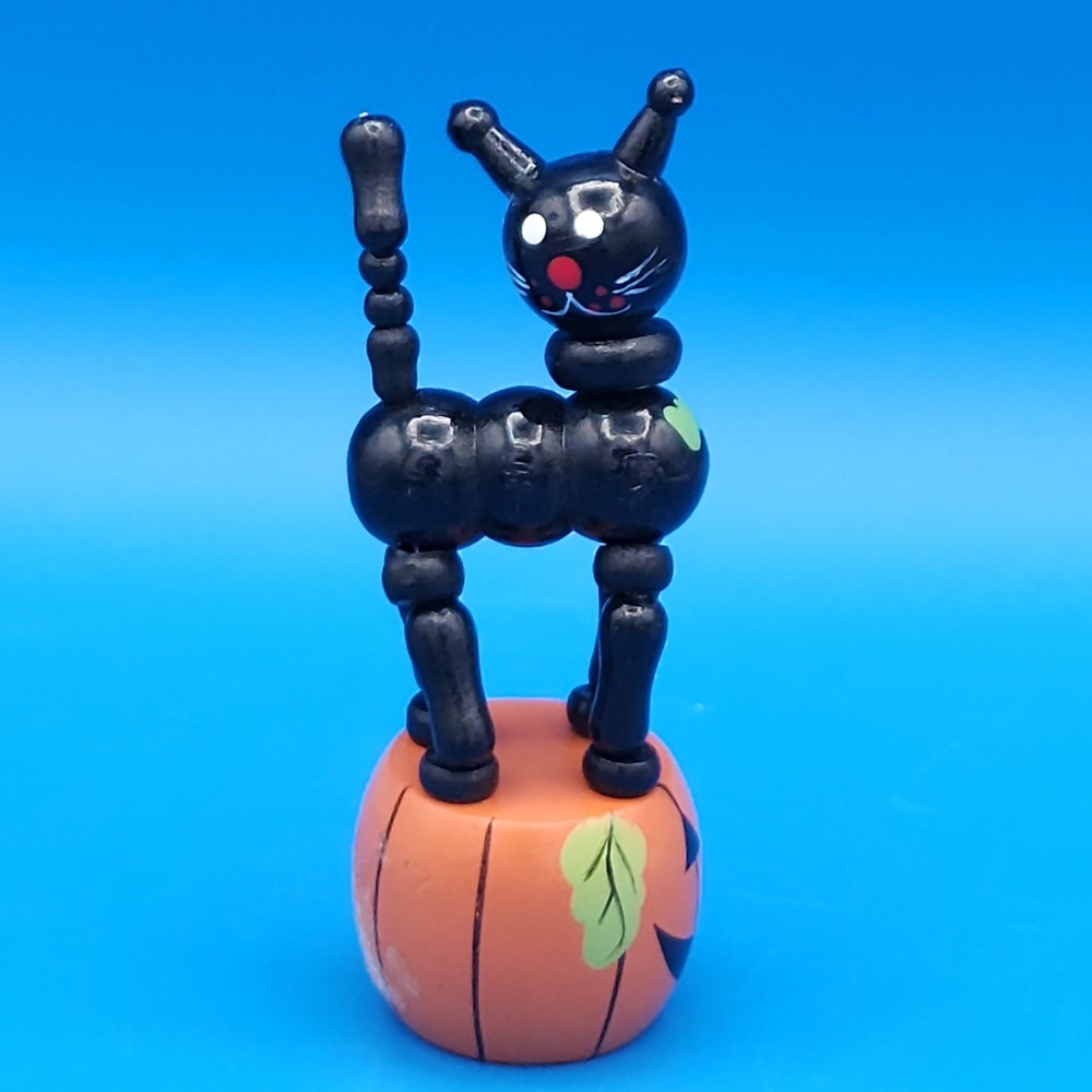 Vintage Wooden Black Cat Pumpkin Halloween Push Puppet Toy